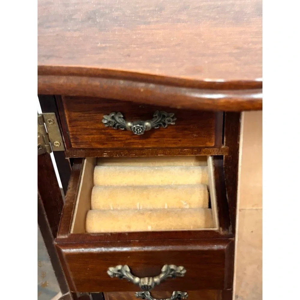 Vintage Wood Jewelry Armoire Glass Etched Doors Rotating Carousel Claw Feet